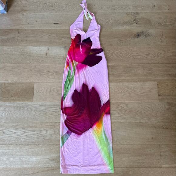 White Fox Maxi Dress Halter Neck Floral Kiwi Kisses Size XS Pink Green - Picture 1 of 5